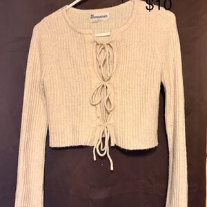 Cream Ribbed Tie-Front Top